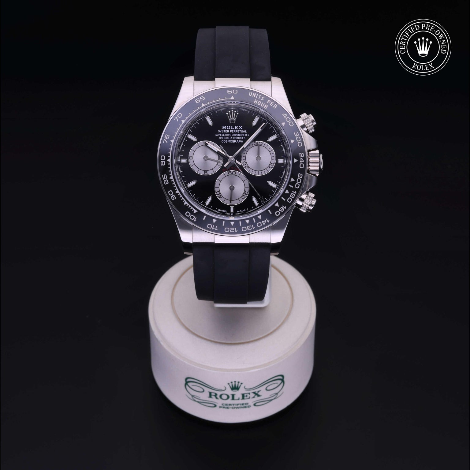 Rolex Certified Pre-owned Daytona M126519LN-0001 front on black background