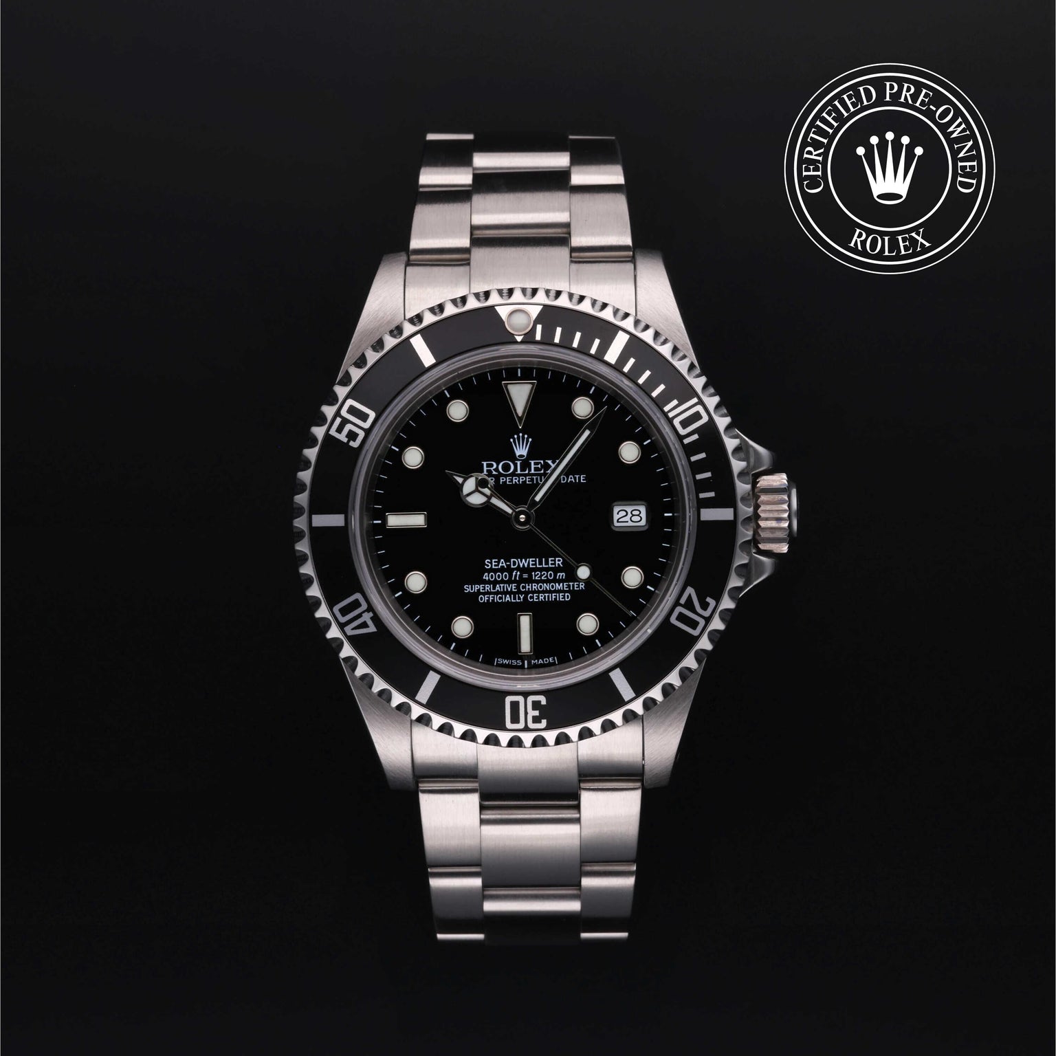 Rolex Certified Pre-owned Sea-Dweller M16600-0003 front on black background