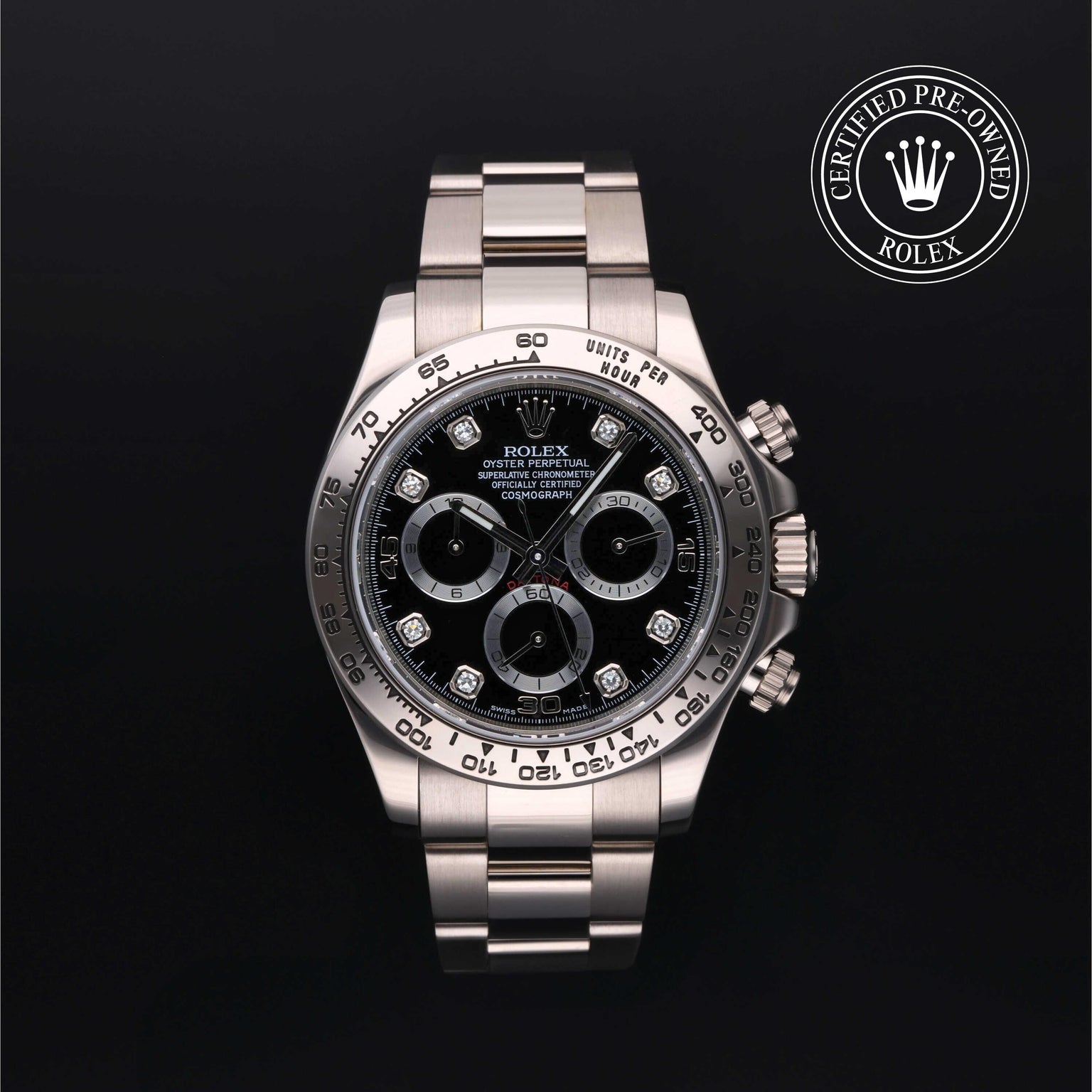 Rolex Certified Pre-owned Daytona M116509-0055 front on black background