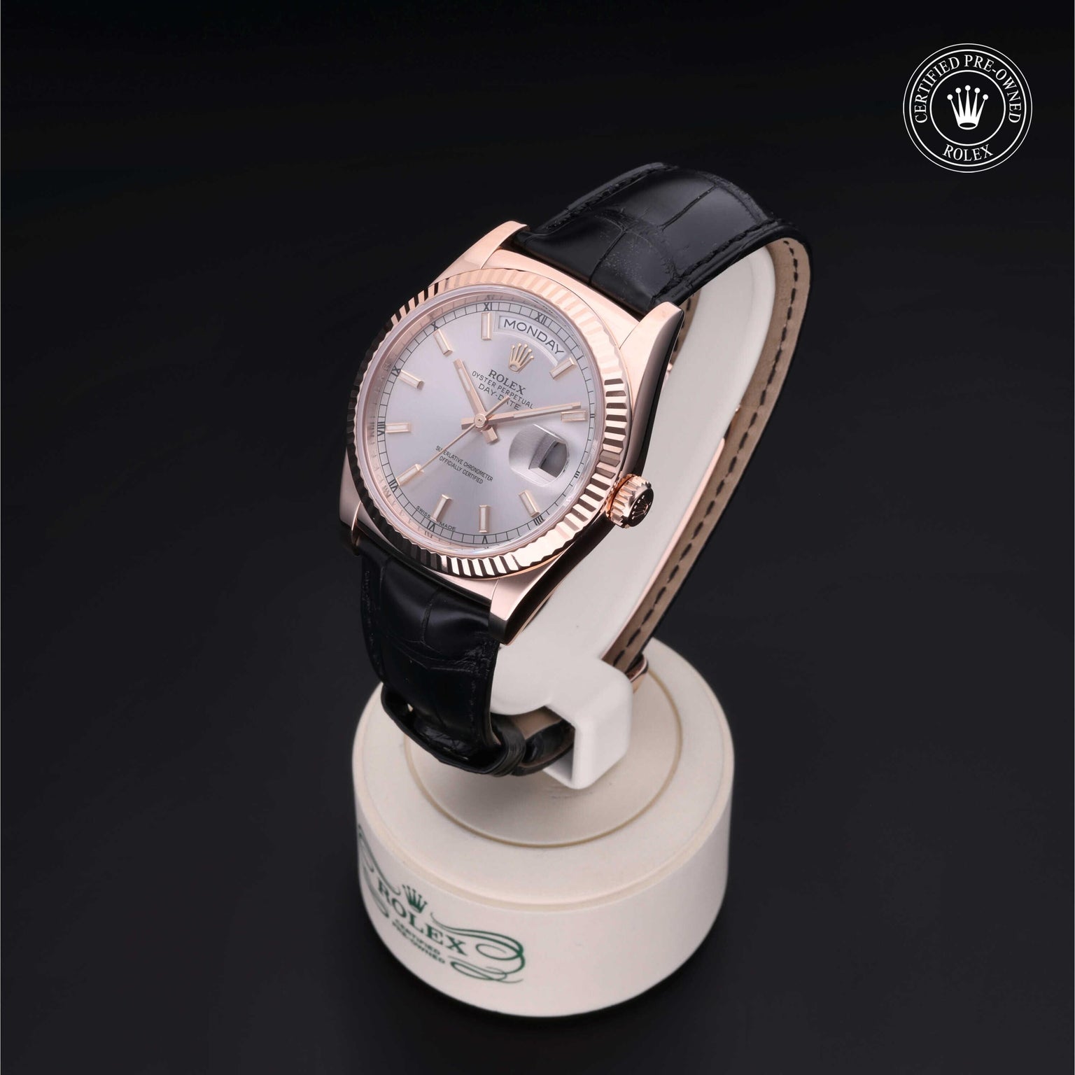 Rolex Certified Pre-owned Day-date M118135-0005 front on black background