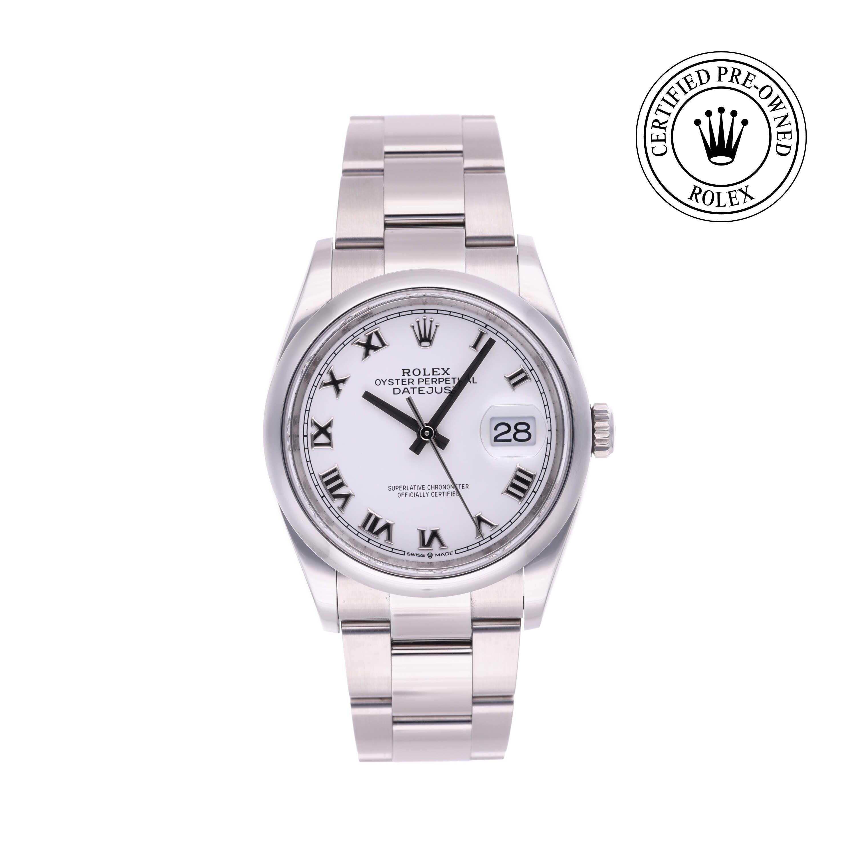 Rolex Certified Pre-owned Datejust M126200-0008 front on white background