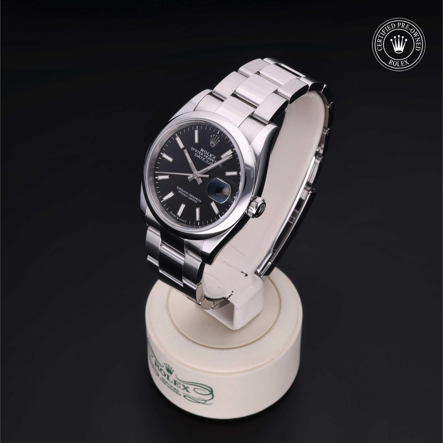 Rolex Certified Pre-owned Datejust M126200-0004 front on black background