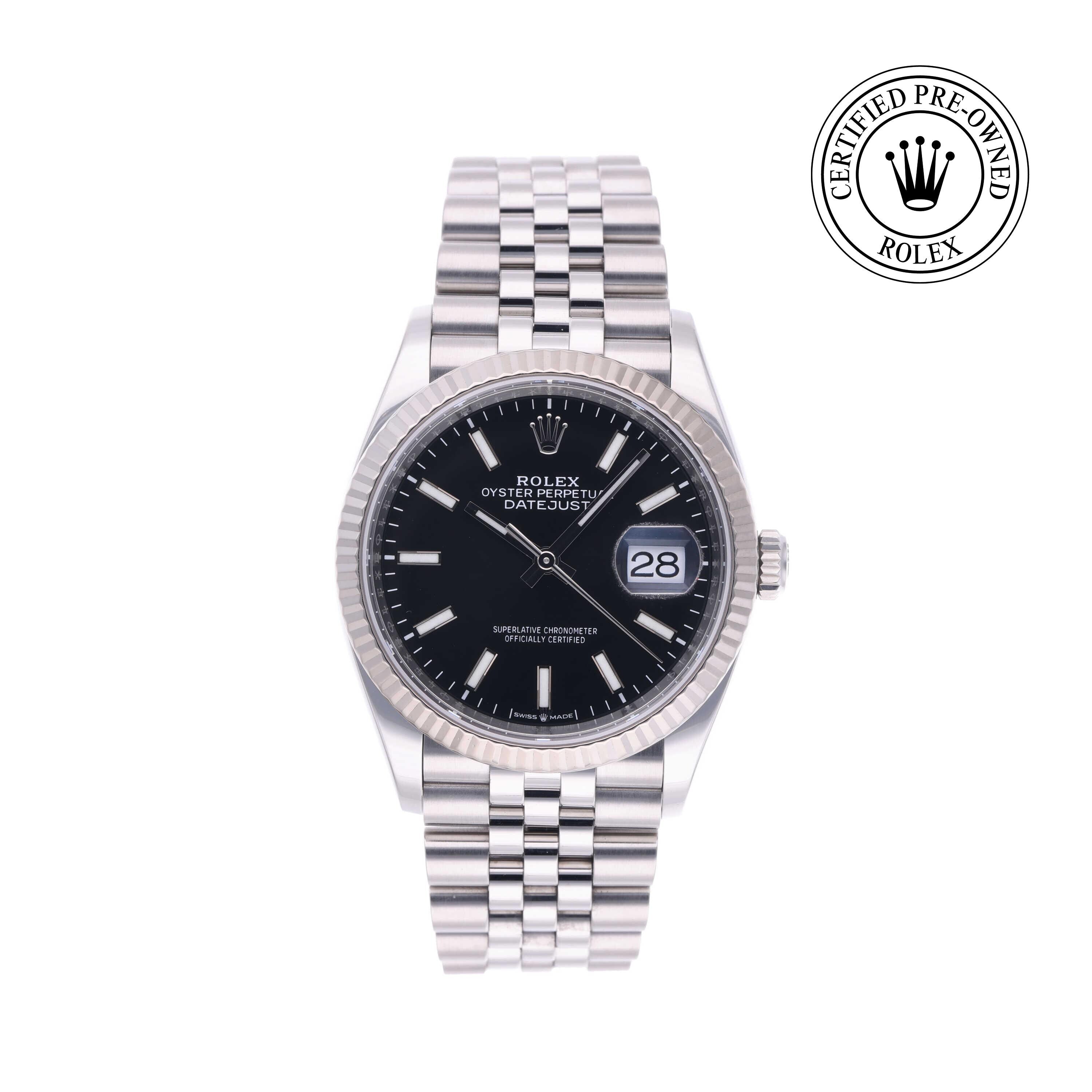 Rolex Certified Pre-owned Datejust M126234-0015 front on white background