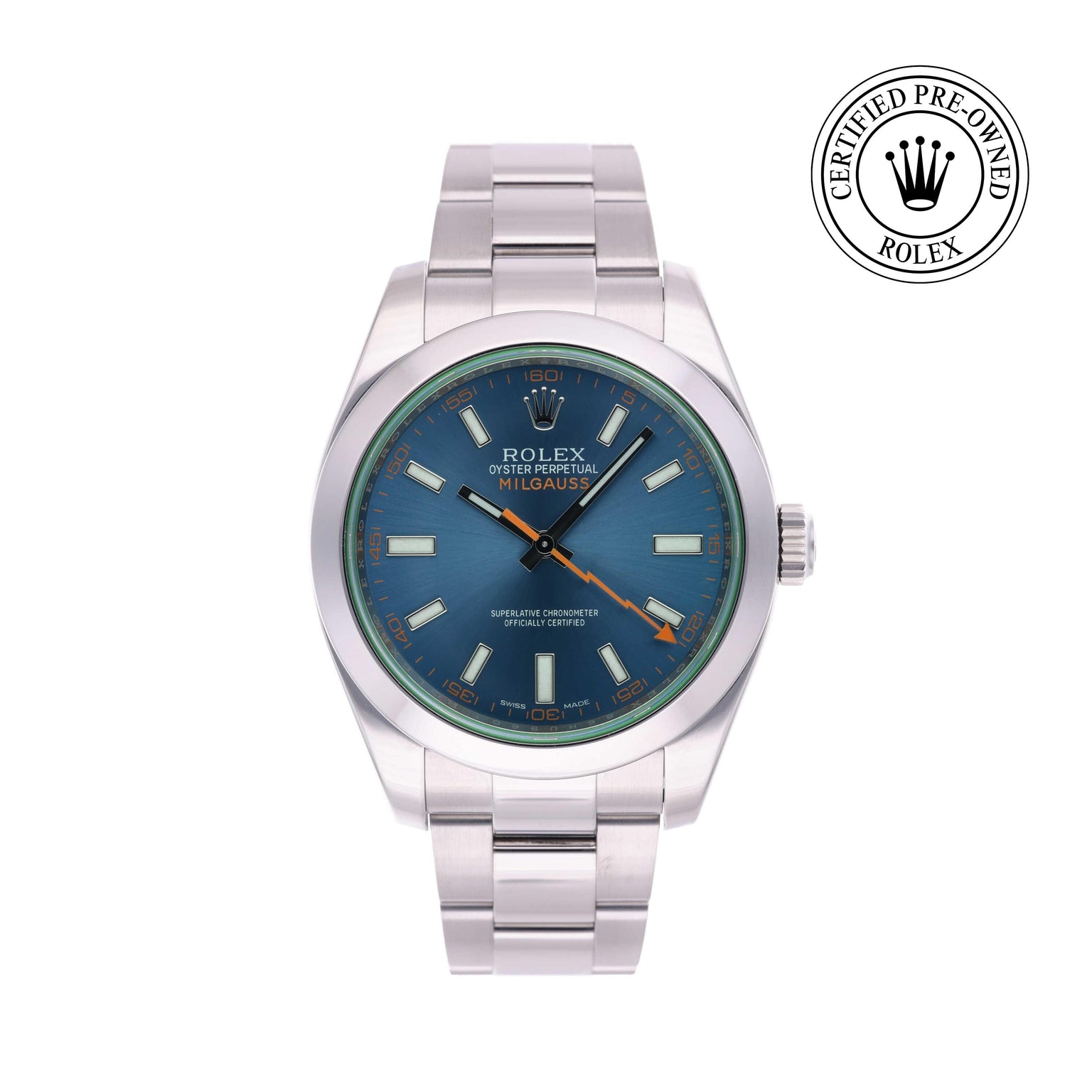 Rolex CPO Milgauss M116400GV front on white background