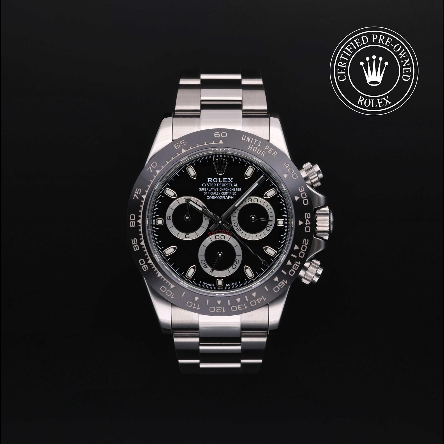 Rolex Certified Pre-owned Daytona M116500LN-0002 front on black background