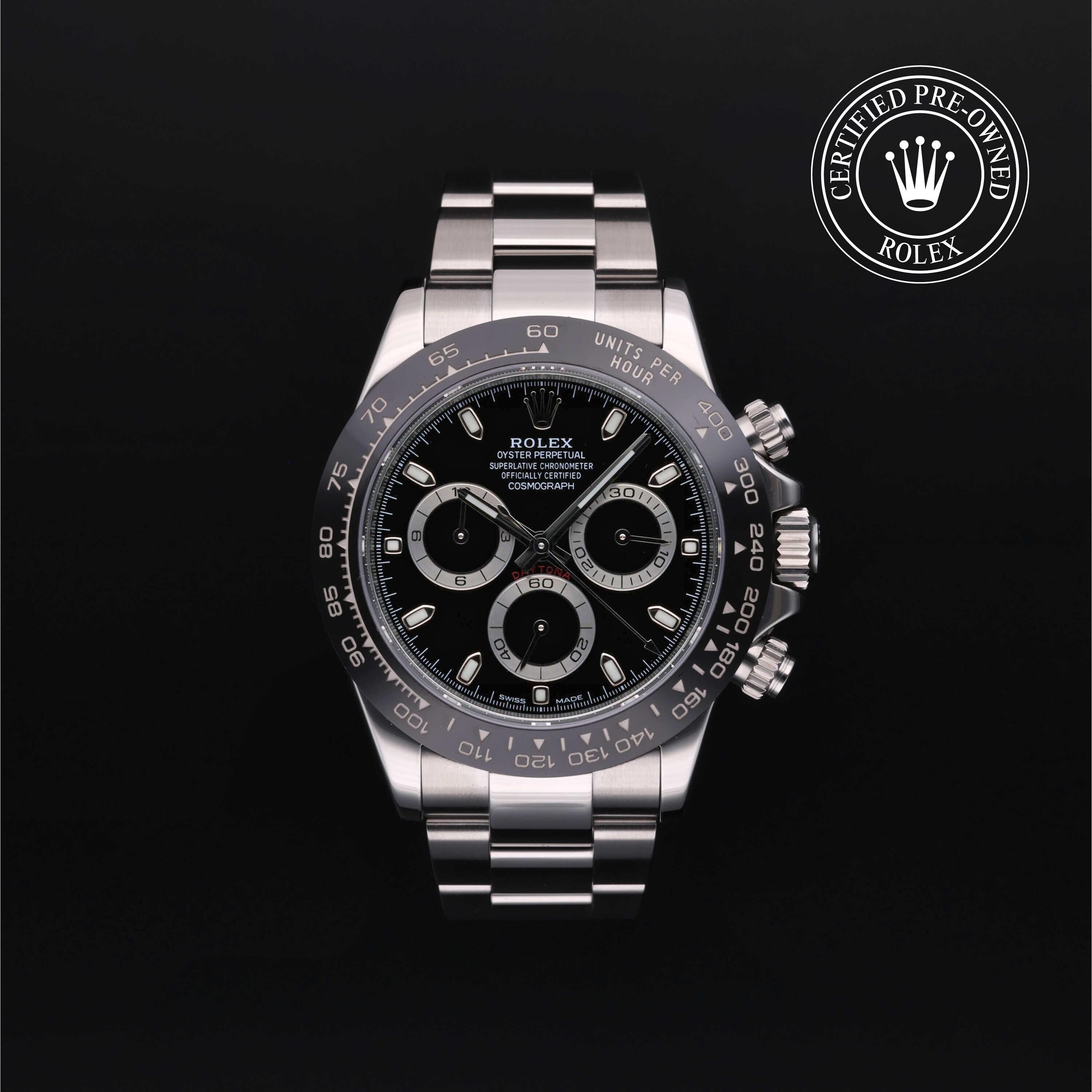 Rolex Certified Pre-owned Daytona M116500LN-0002 front on black background