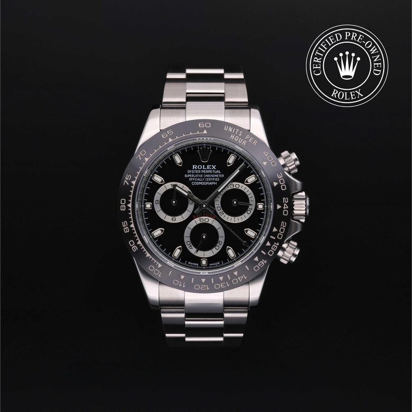 Rolex Certified Pre-owned Daytona M116500LN-0002 front on black background