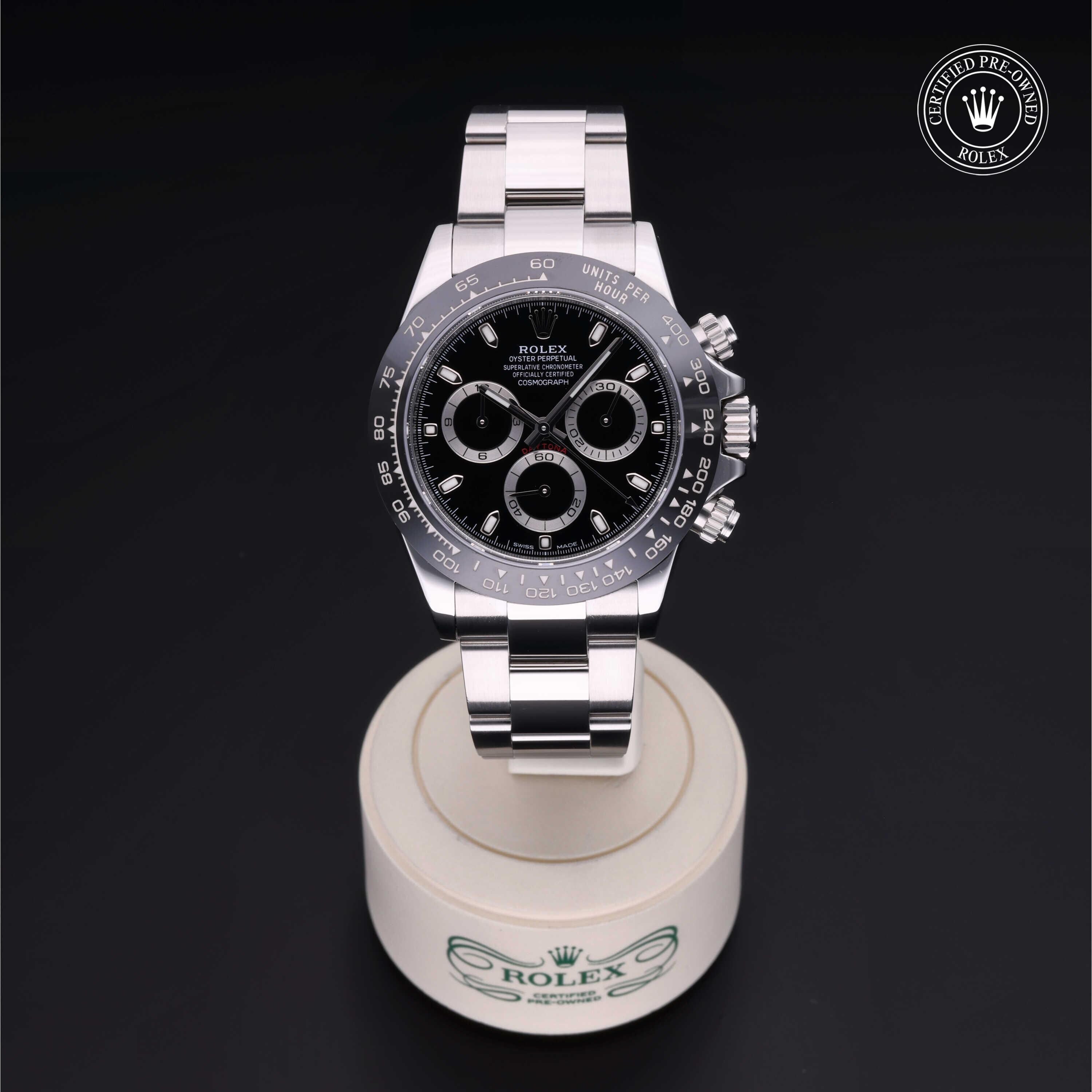 Rolex Certified Pre-owned Daytona M116500LN-0002 front on black background