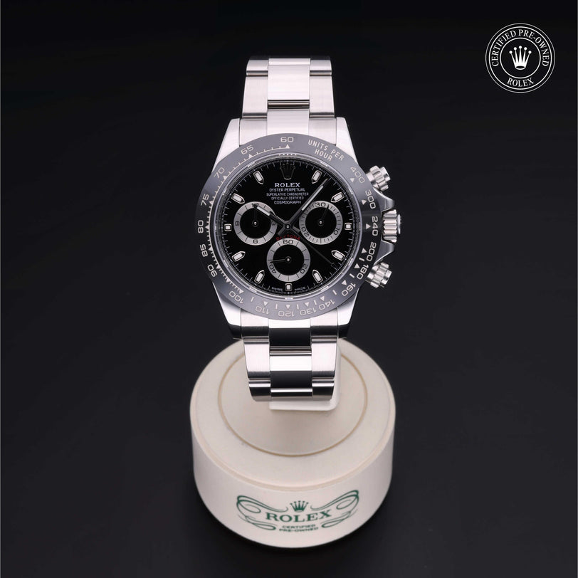Rolex Certified Pre-owned Daytona M116500LN-0002 front on black background