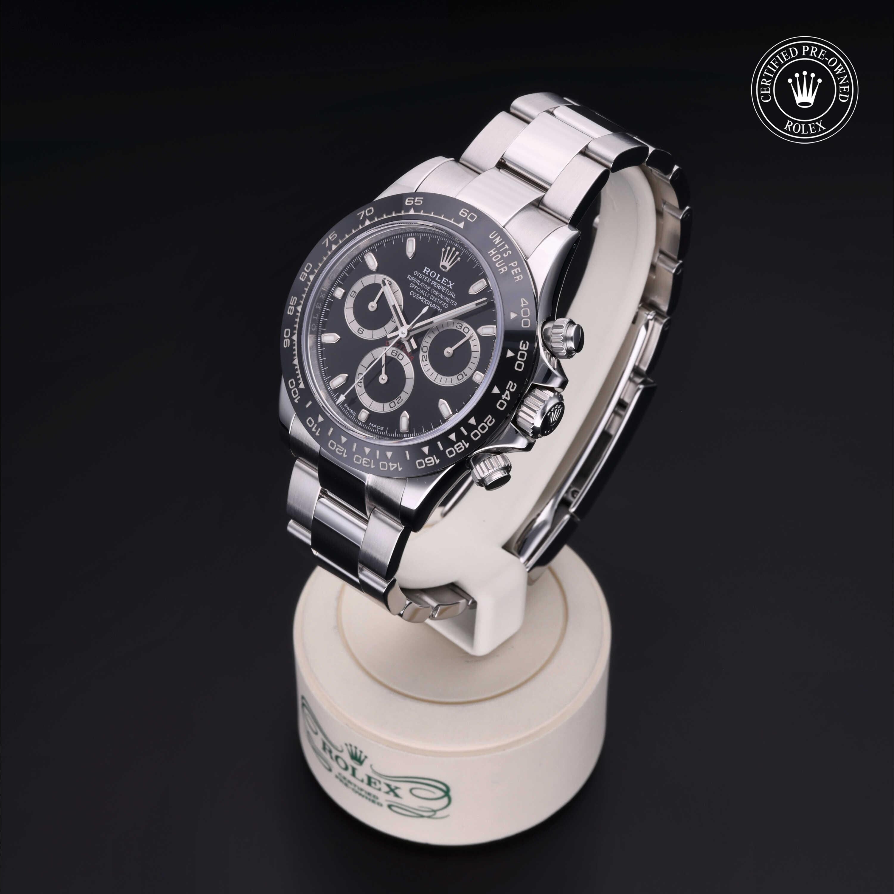 Rolex Certified Pre-owned Daytona M116500LN-0002 front on black background