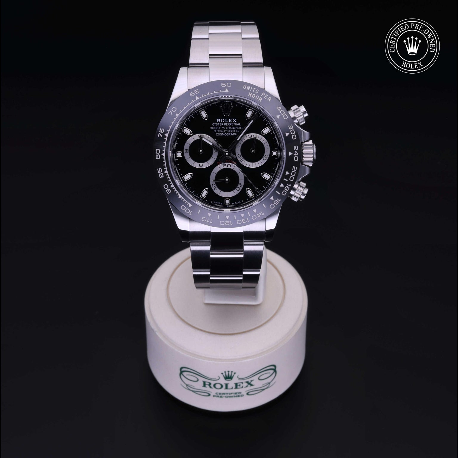 Rolex Certified Pre-owned Daytona M116500LN-0002 front on black background