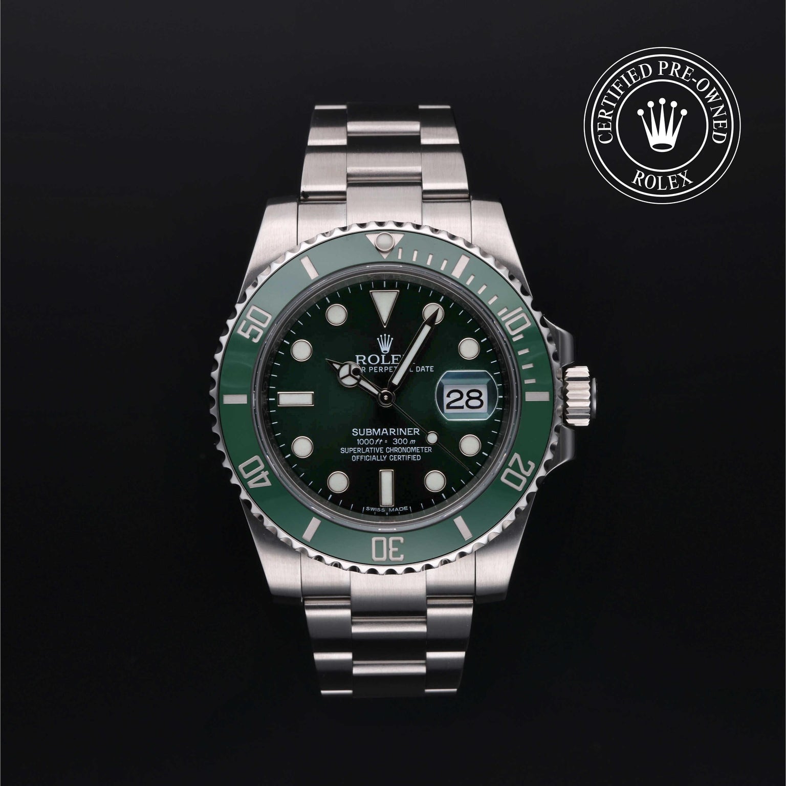 Rolex Certified Pre-owned Submariner M116610LV-0002 front on black background