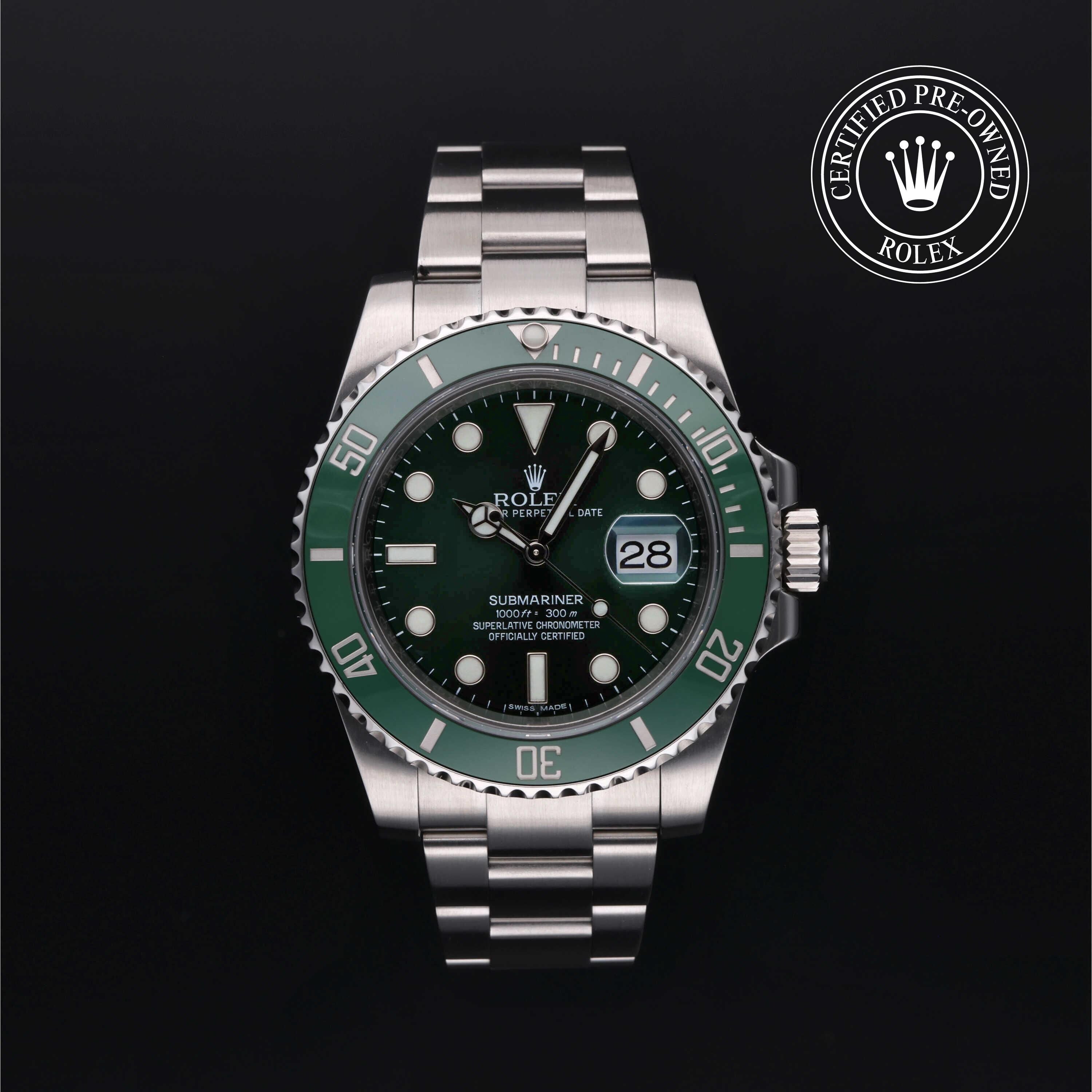 Rolex Certified Pre-owned Submariner M116610LV-0002 front on black background