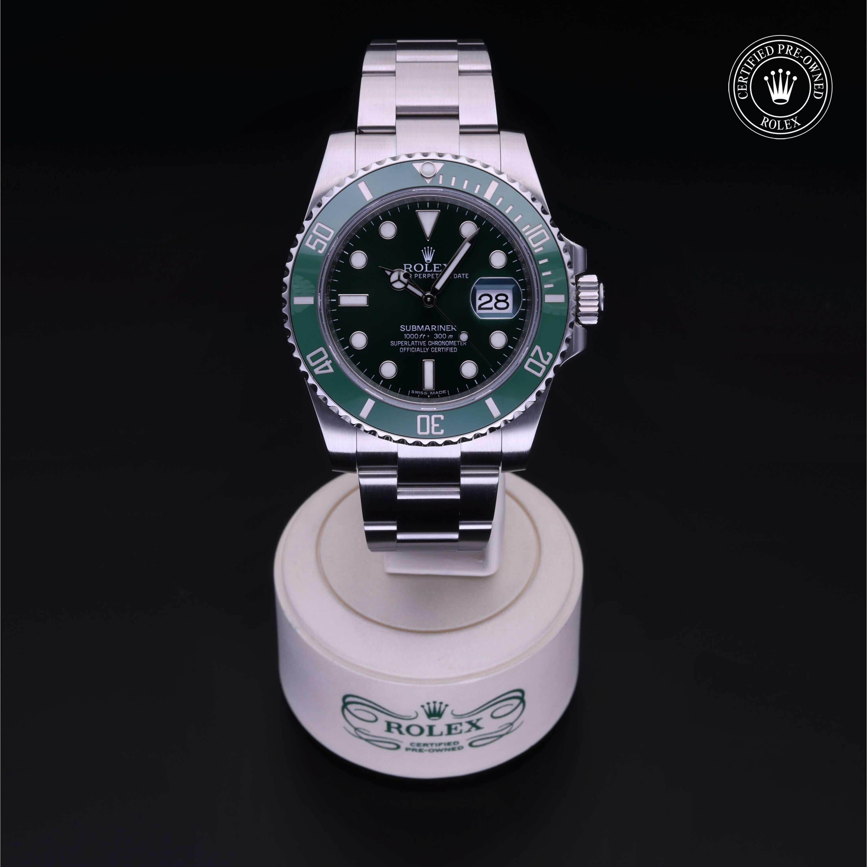 Rolex Certified Pre-owned Submariner M116610LV-0002 front on black background