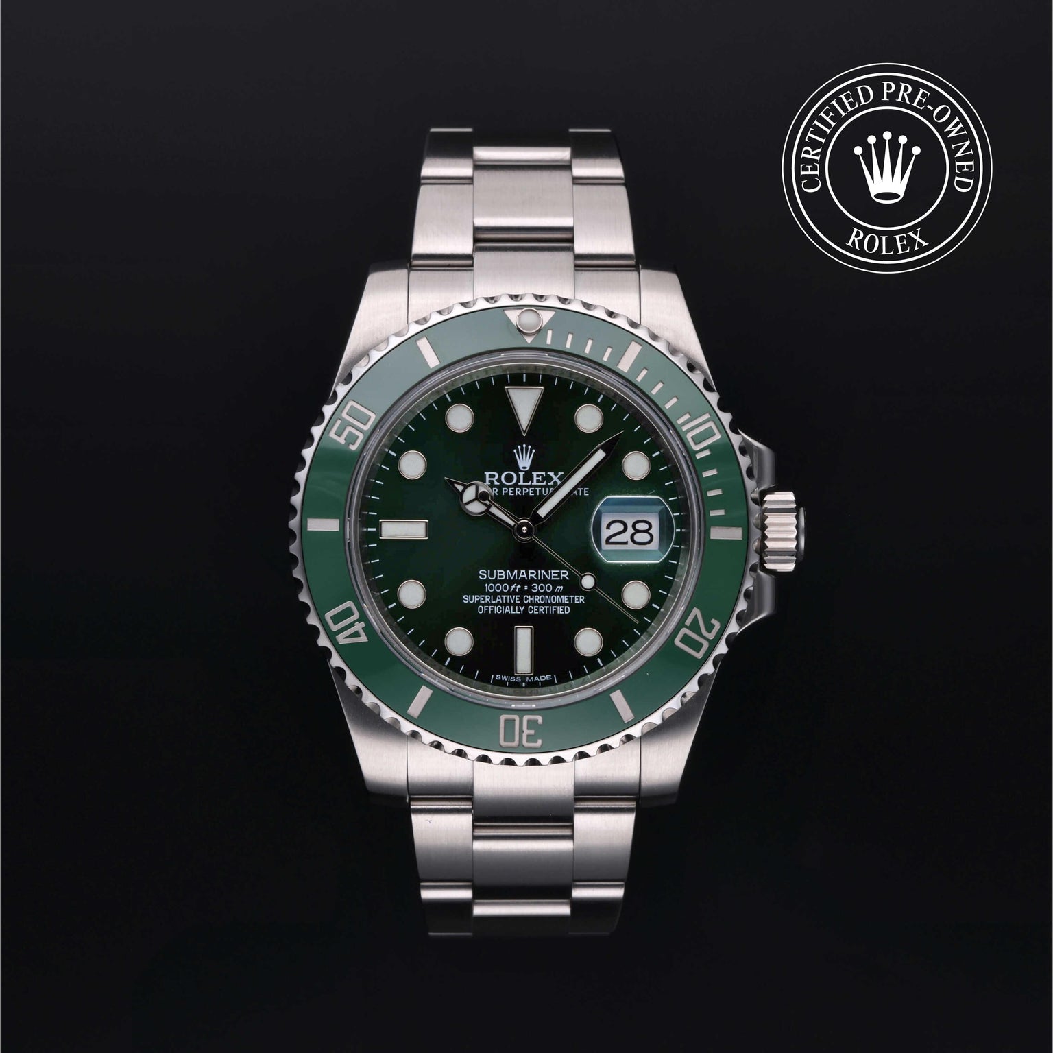 Rolex Certified Pre-owned Submariner M116610LV-0002 front on black background