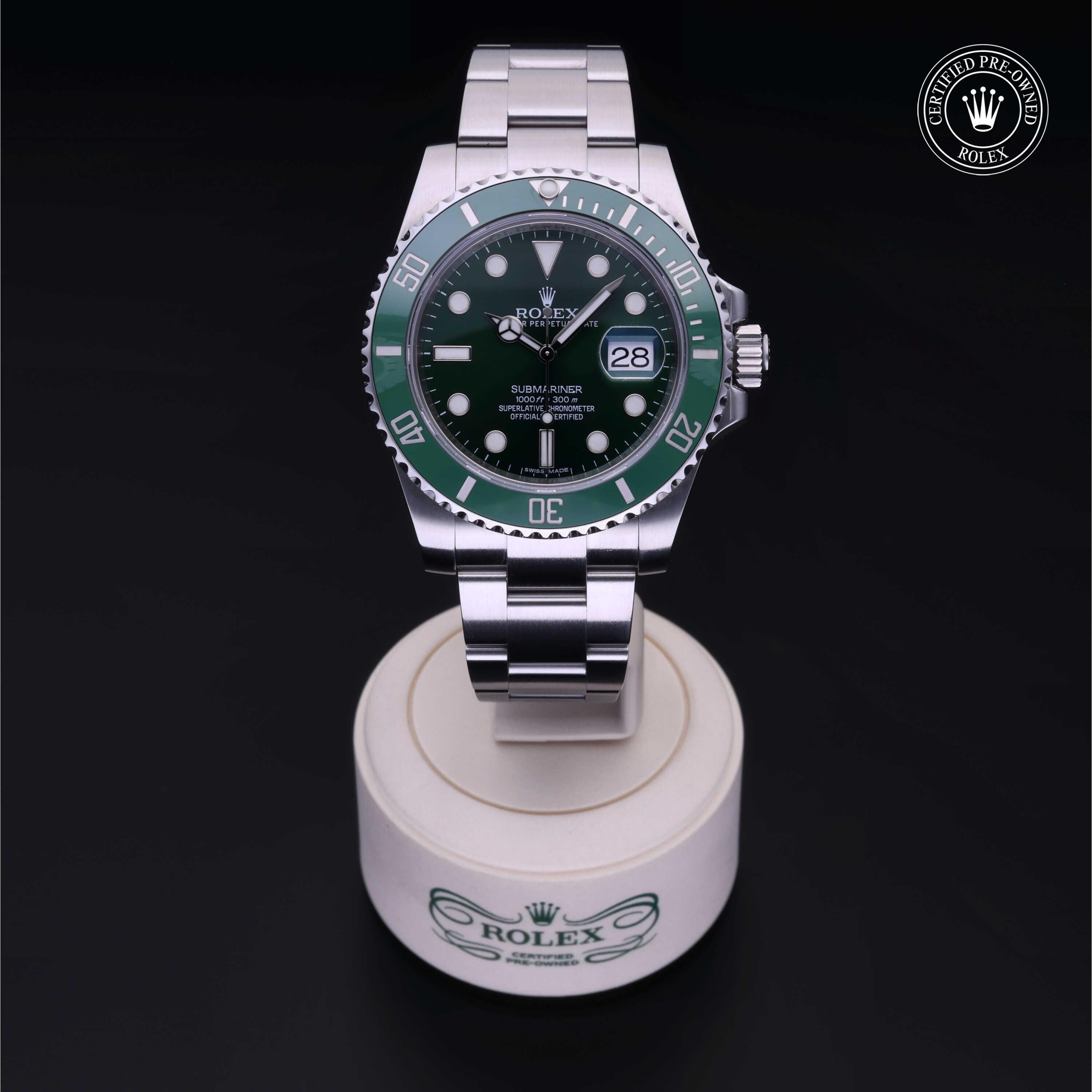 Rolex Certified Pre-owned Submariner M116610LV-0002 front on black background