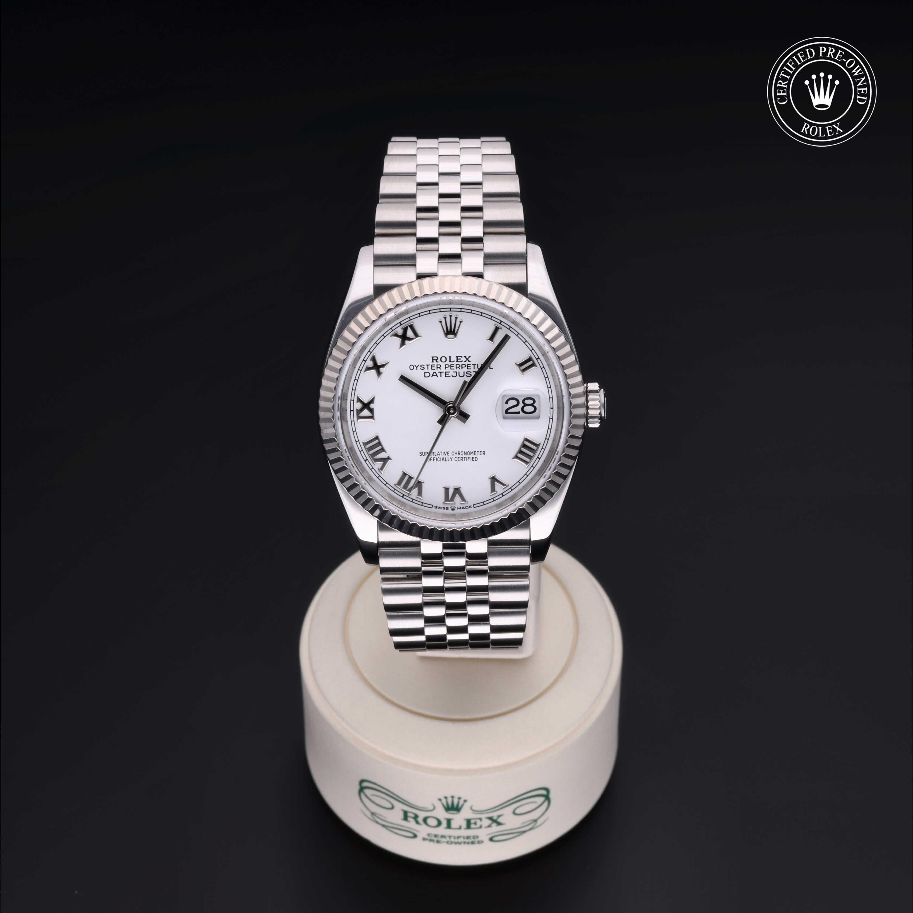 Rolex Certified Pre-owned Datejust M126234-0025 front on black background