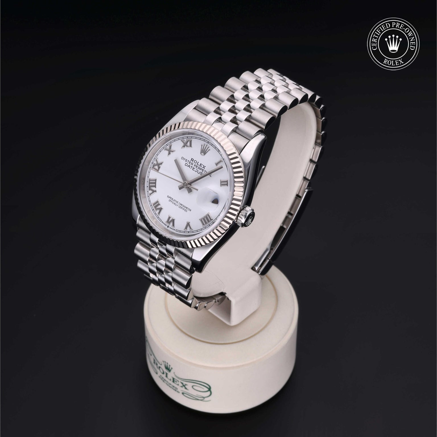 Rolex Certified Pre-owned Datejust M126234-0025 front on black background