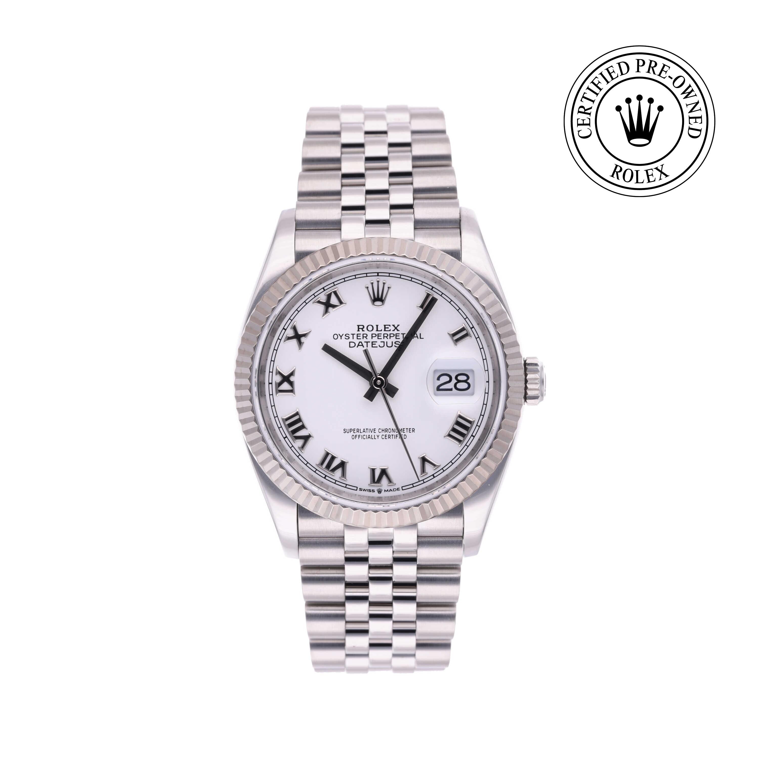 Rolex Certified Pre-owned Datejust M126234-0025 front on white background