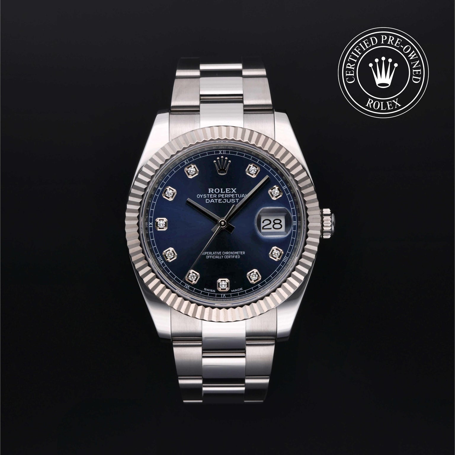 Rolex Certified Pre-owned Datejust M126334-0015 front on black background