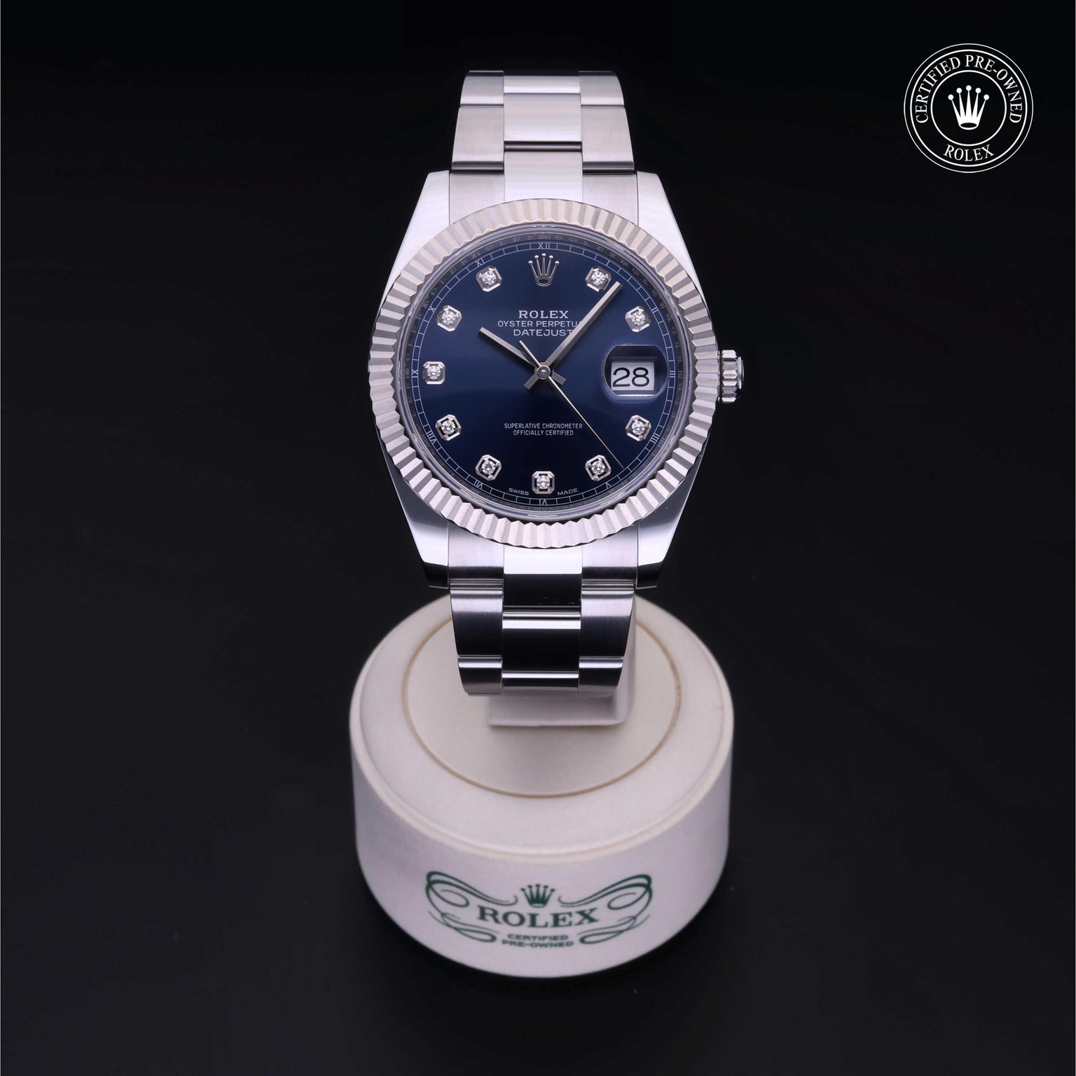Rolex Certified Pre-owned Datejust M126334-0015 front on black background