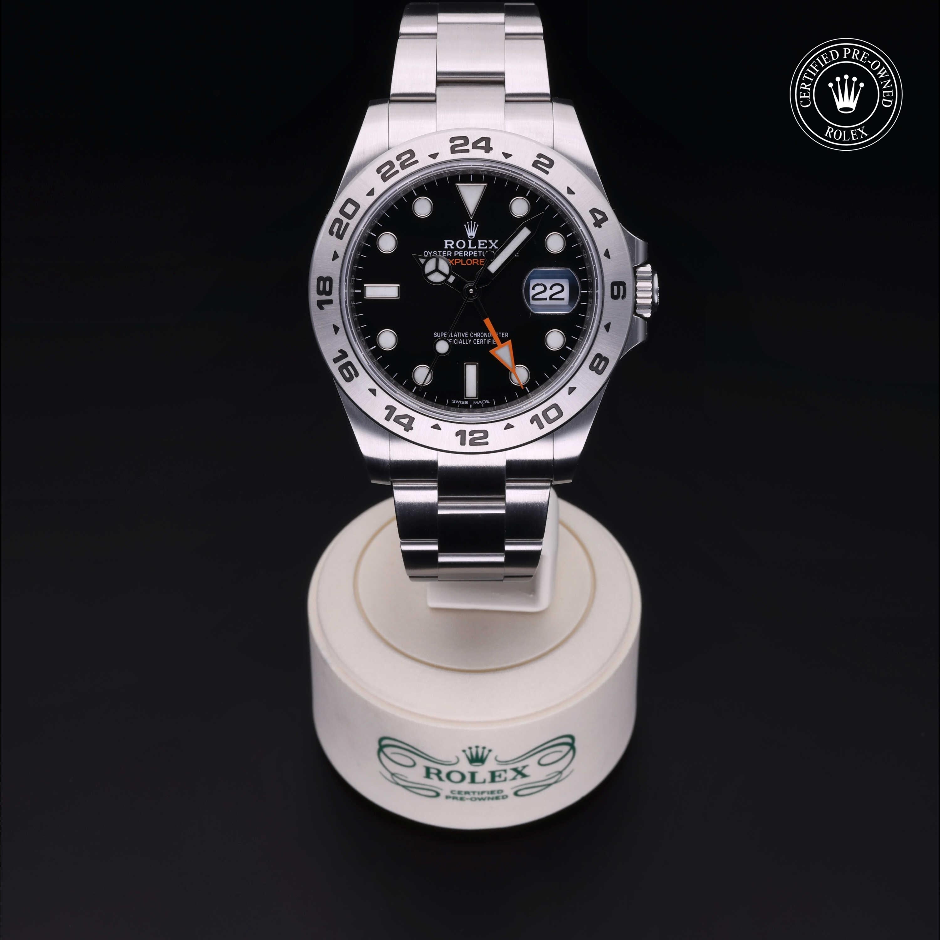 Rolex Certified Pre-owned Explorer M216570-0002 front on black background