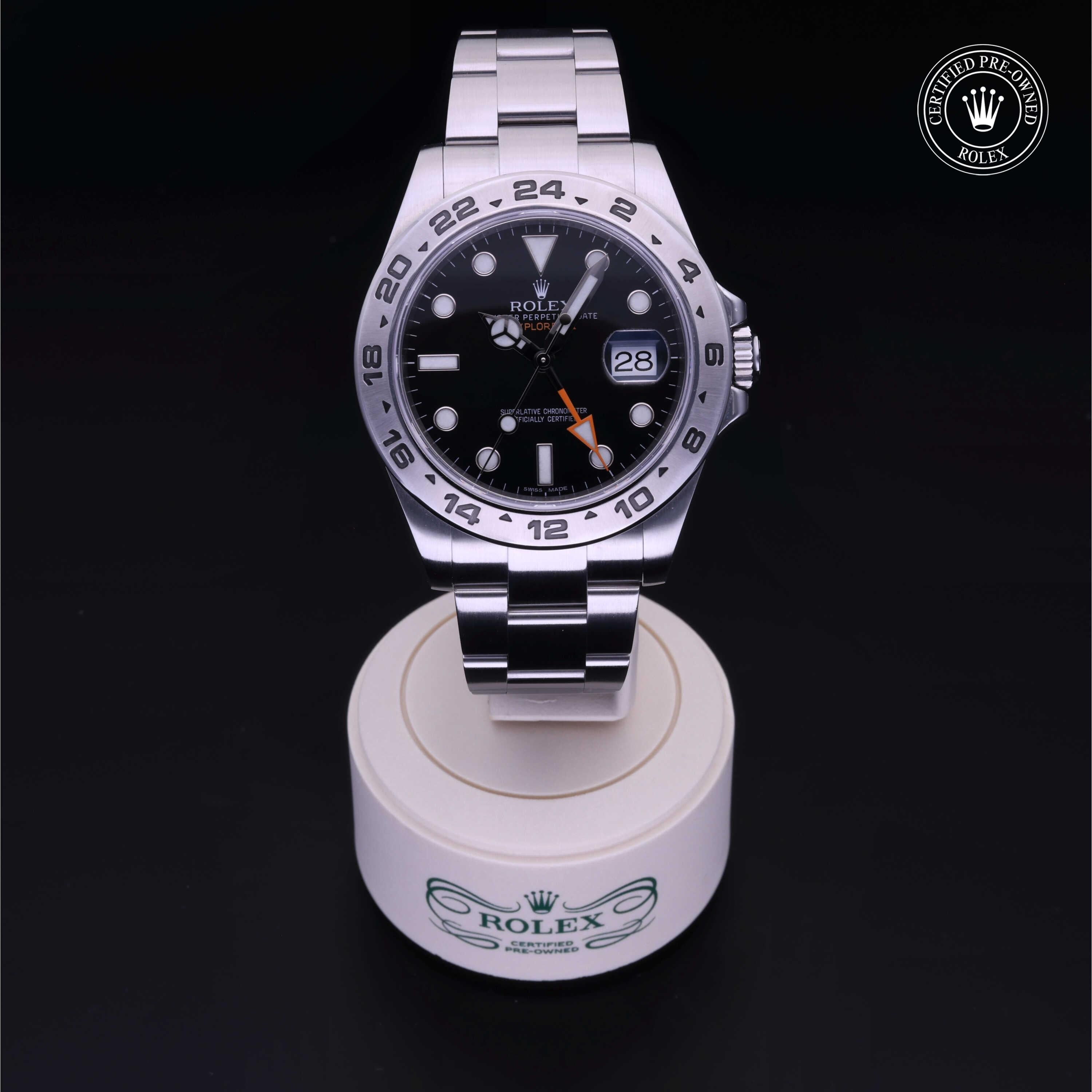 Rolex Certified Pre-owned Explorer M216570-0002 front on black background