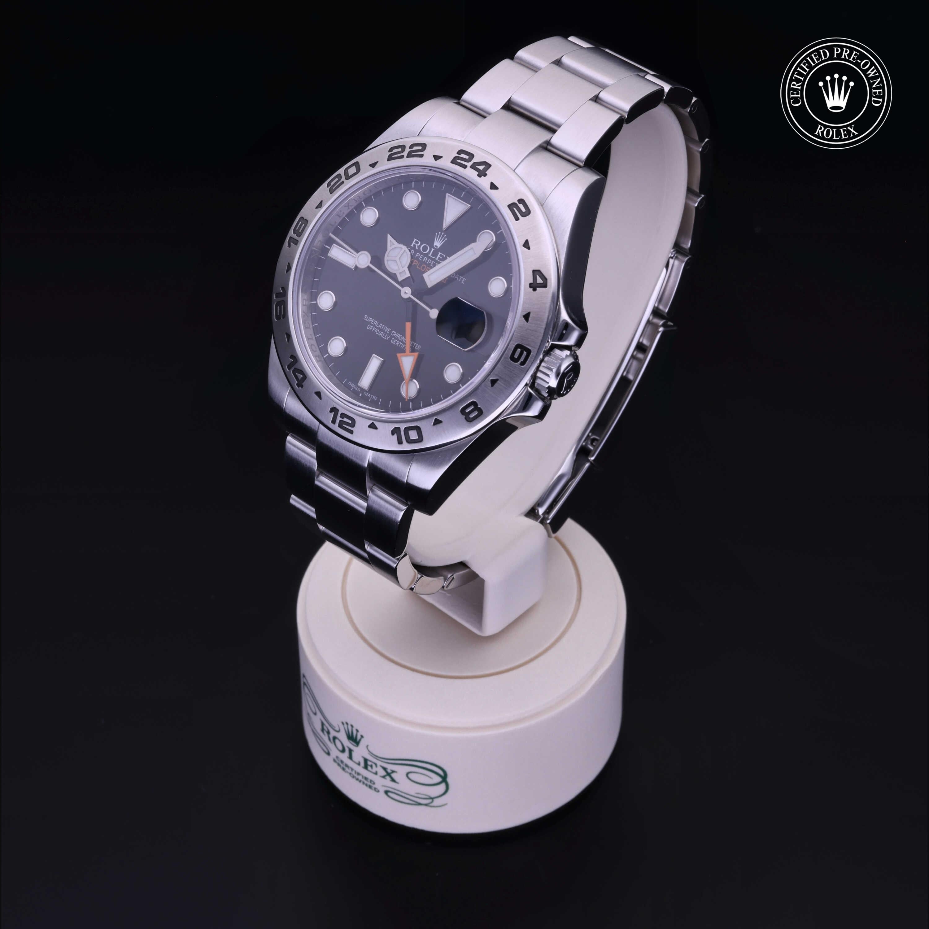 Rolex Certified Pre-owned Explorer M216570-0002 front on black background