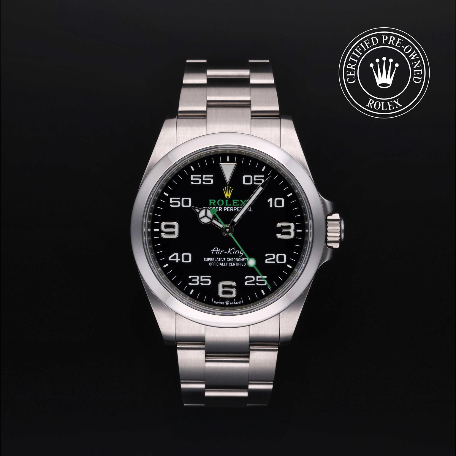 Rolex Certified Pre-owned Air-King M126900-0001 front on black background