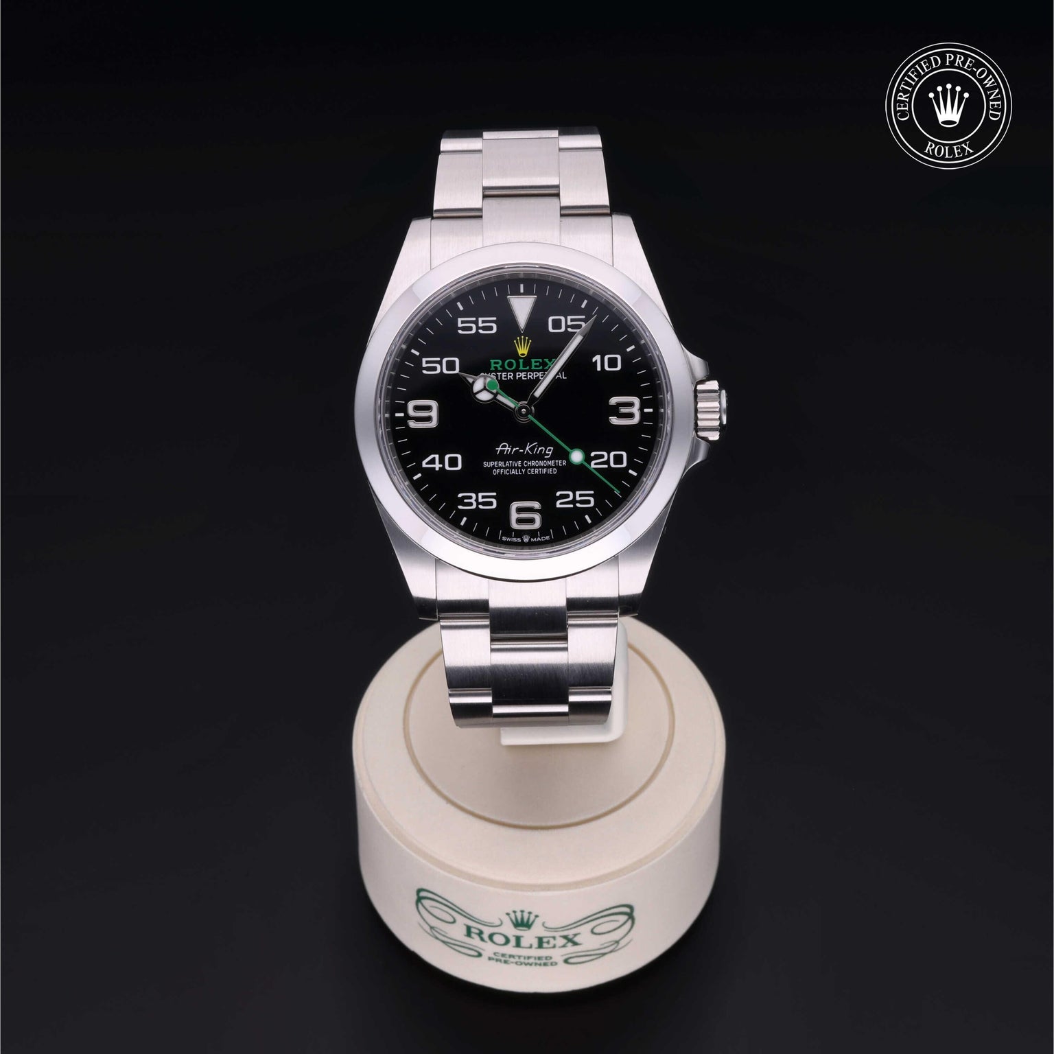 Rolex Certified Pre-owned Air-King M126900-0001 front on black background