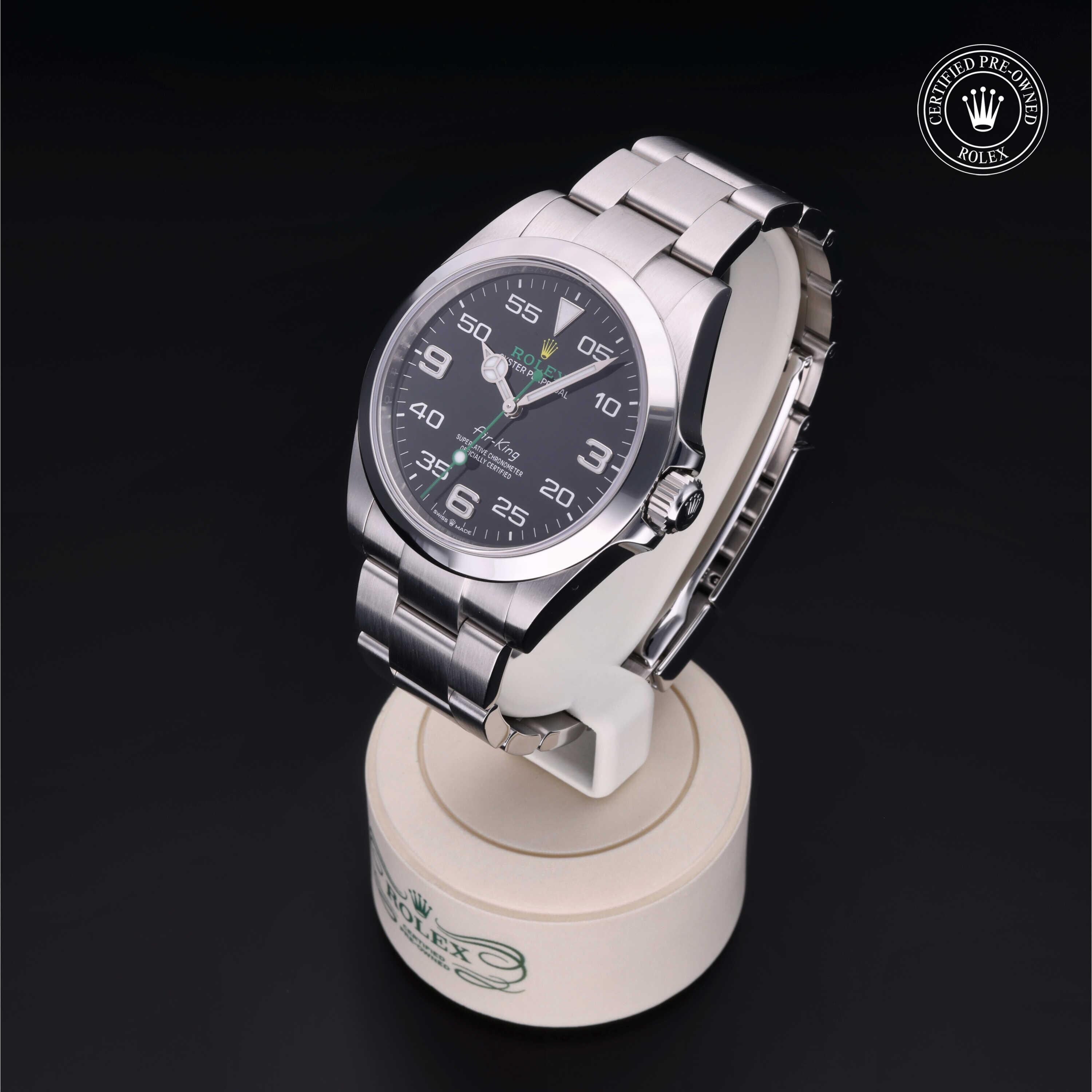 Rolex Certified Pre-owned Air-King M126900-0001 front on black background