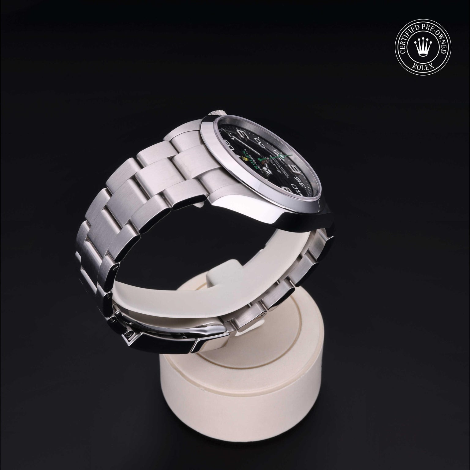 Rolex Certified Pre-owned Air-King M126900-0001 front on black background