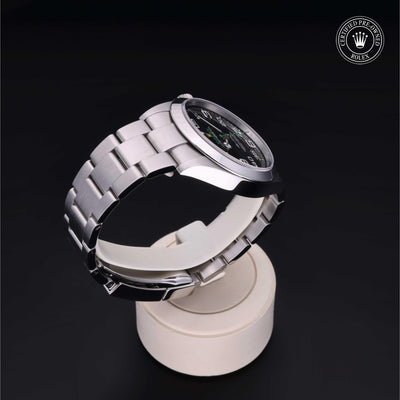 Rolex Certified Pre-owned Air-King M126900-0001 front on black background