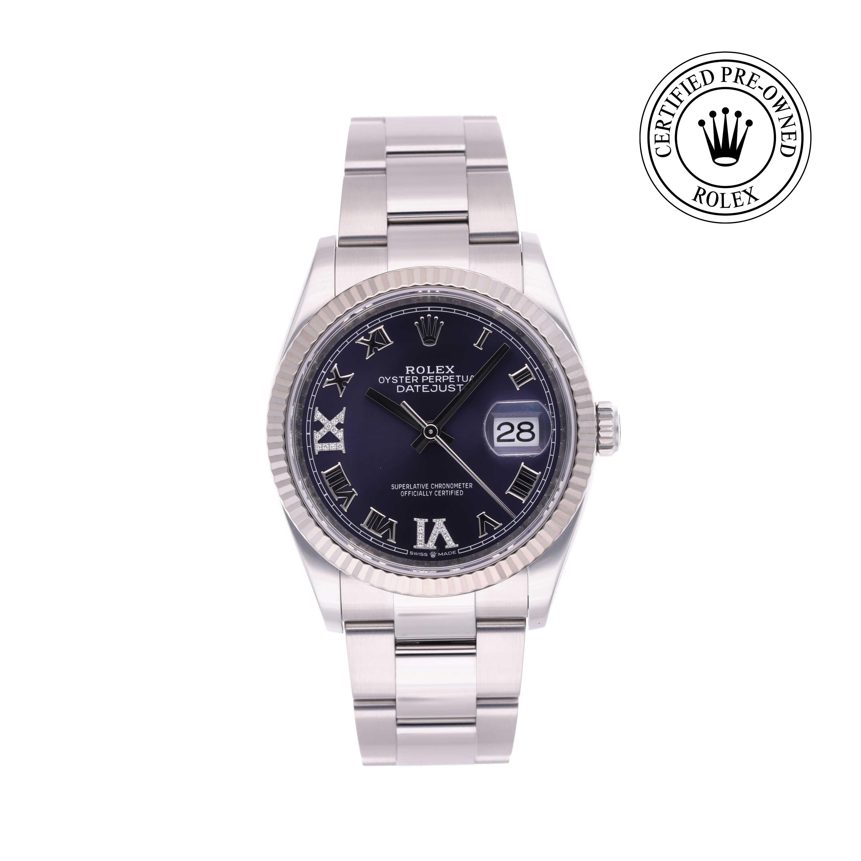 Rolex Certified Pre-owned Datejust M126234-0022 front on white background