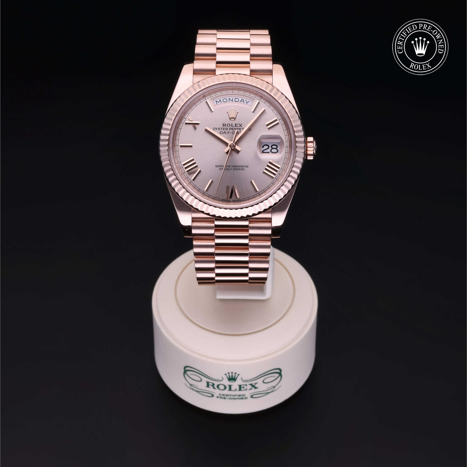 Rolex Certified Pre-owned Day-date M228235-0001 front on black background