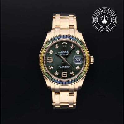 Rolex Certified Pre-owned Pearlmaster M86348SABLV-0003 front on black background