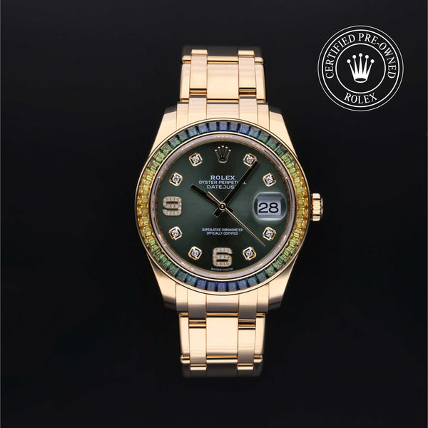Rolex Certified Pre-owned Pearlmaster M86348SABLV-0003 front on black background