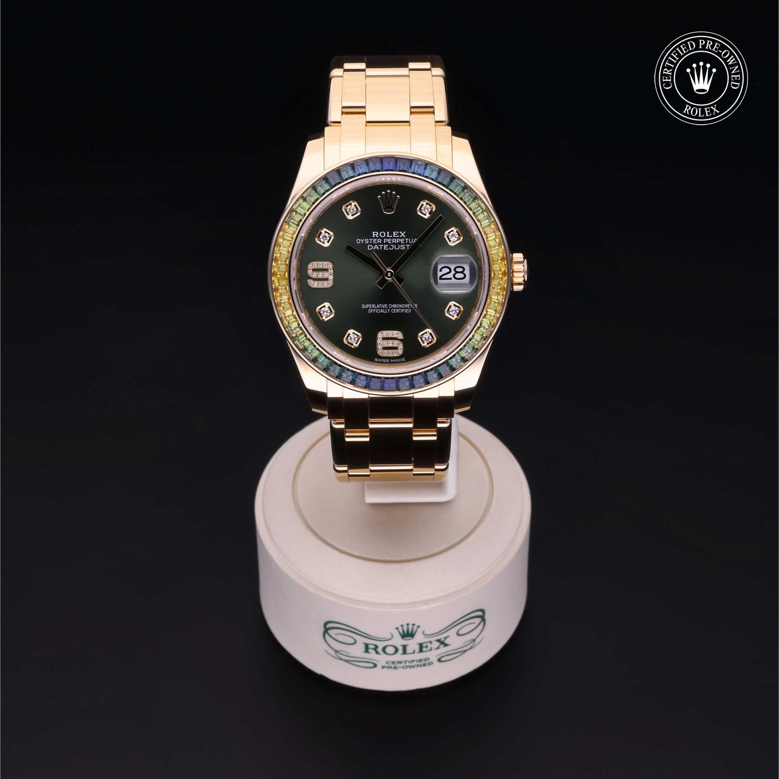 Rolex Certified Pre-owned Pearlmaster M86348SABLV-0003 front on black background