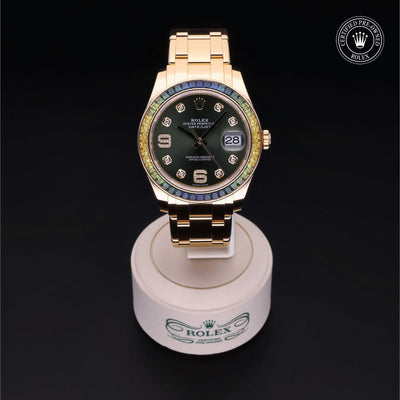 Rolex Certified Pre-owned Pearlmaster M86348SABLV-0003 front on black background