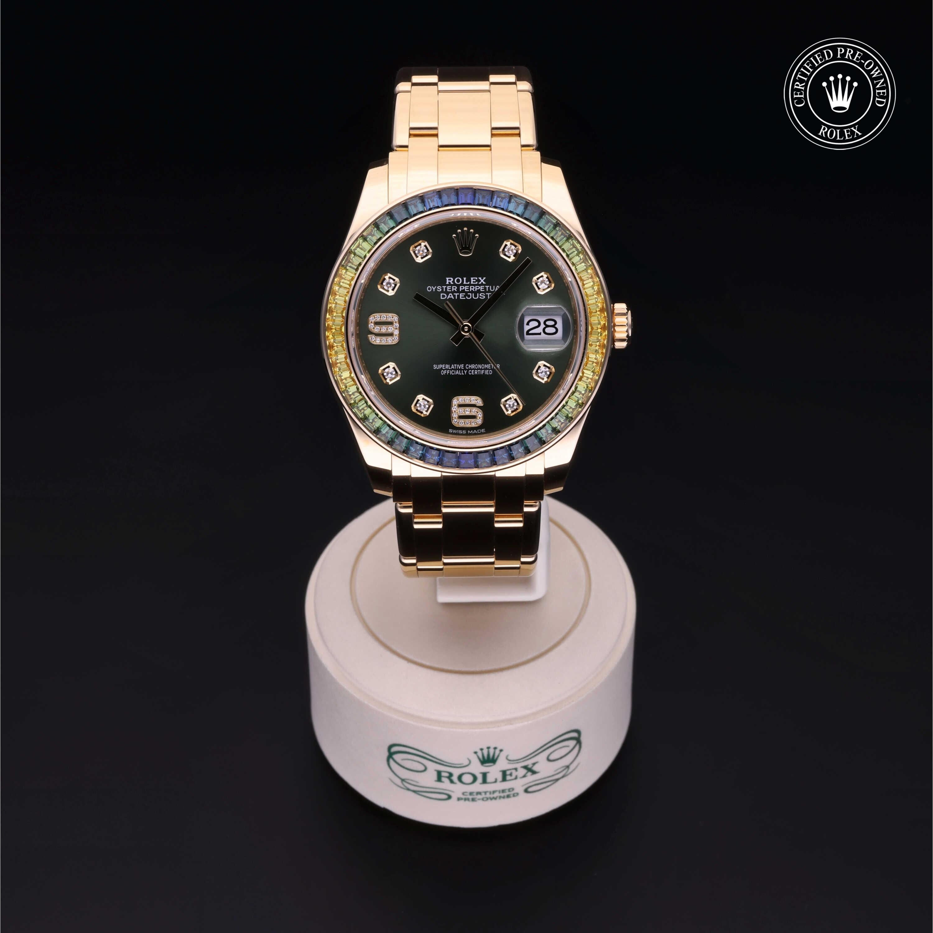 Rolex Certified Pre-owned Pearlmaster M86348SABLV-0003 front on black background