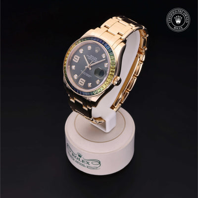 Rolex Certified Pre-owned Pearlmaster M86348SABLV-0003 front on black background