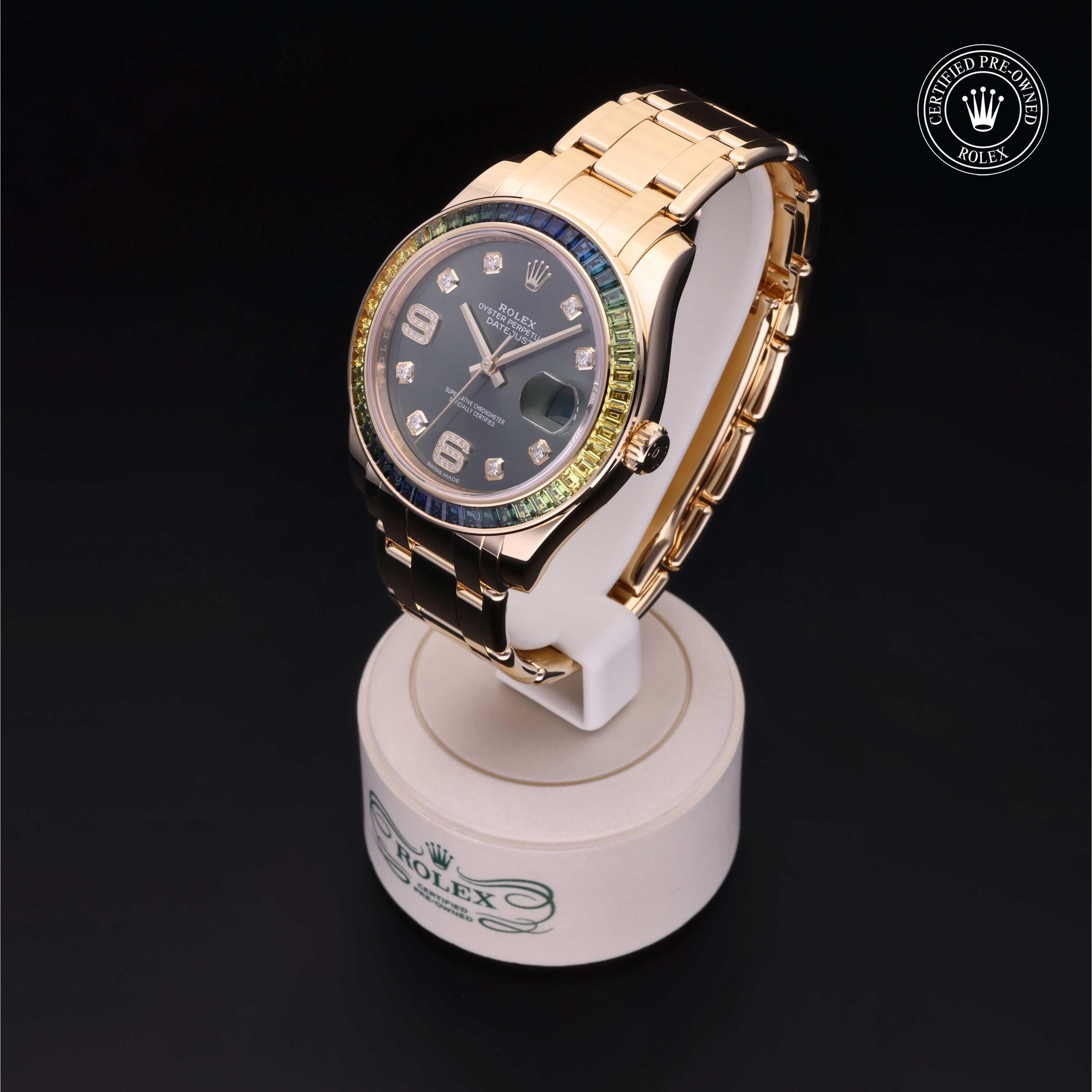 Rolex Certified Pre-owned Pearlmaster M86348SABLV-0003 front on black background