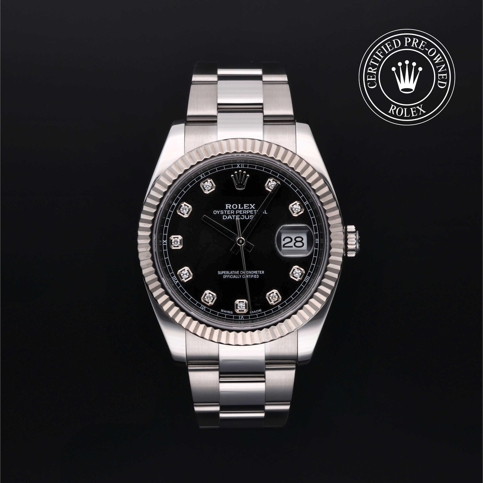 Rolex Certified Pre-owned Datejust M126334-0011 front on black background