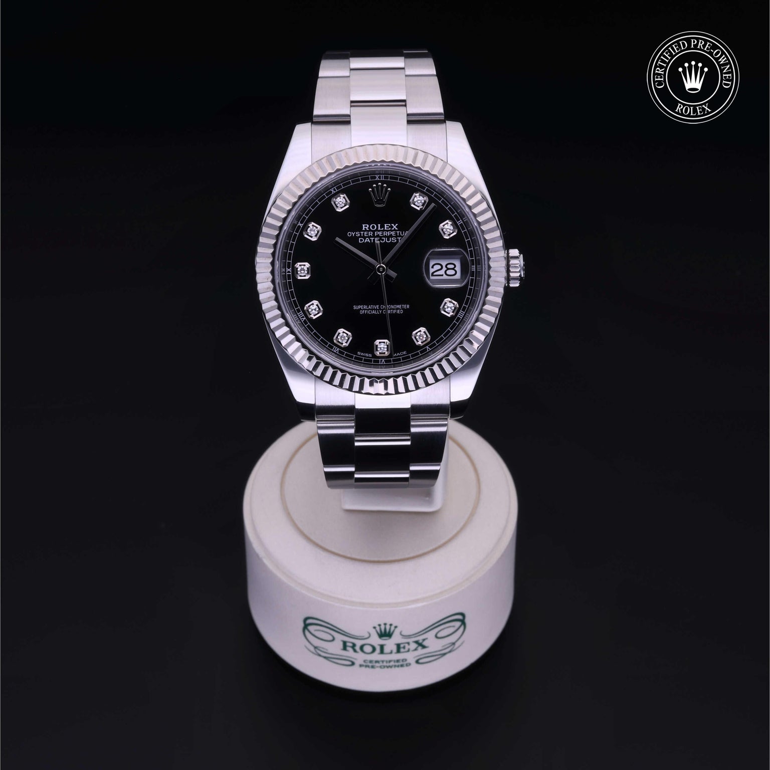 Rolex Certified Pre-owned Datejust M126334-0011 front on black background