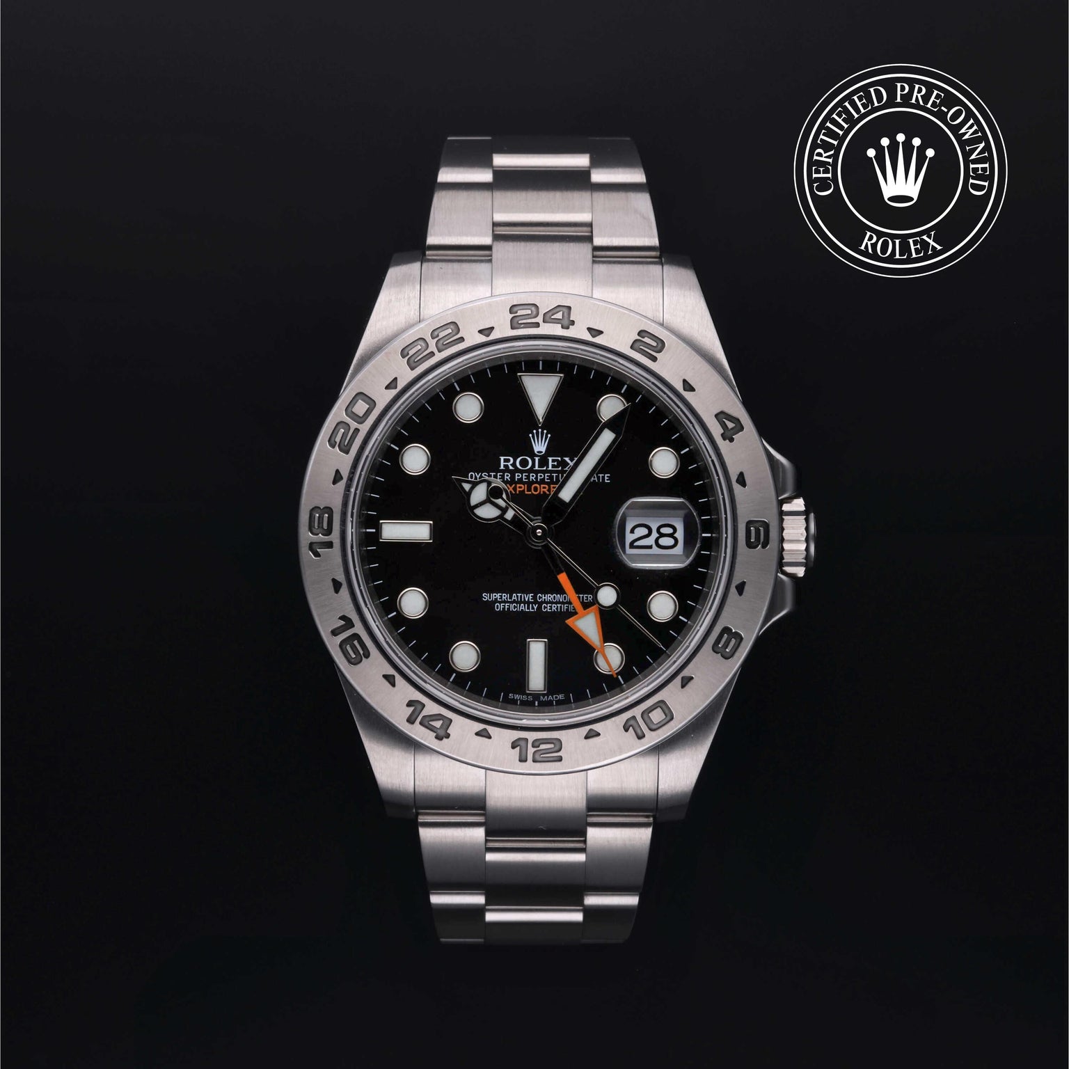 Rolex Certified Pre-owned Explorer M216570-0002 front on black background