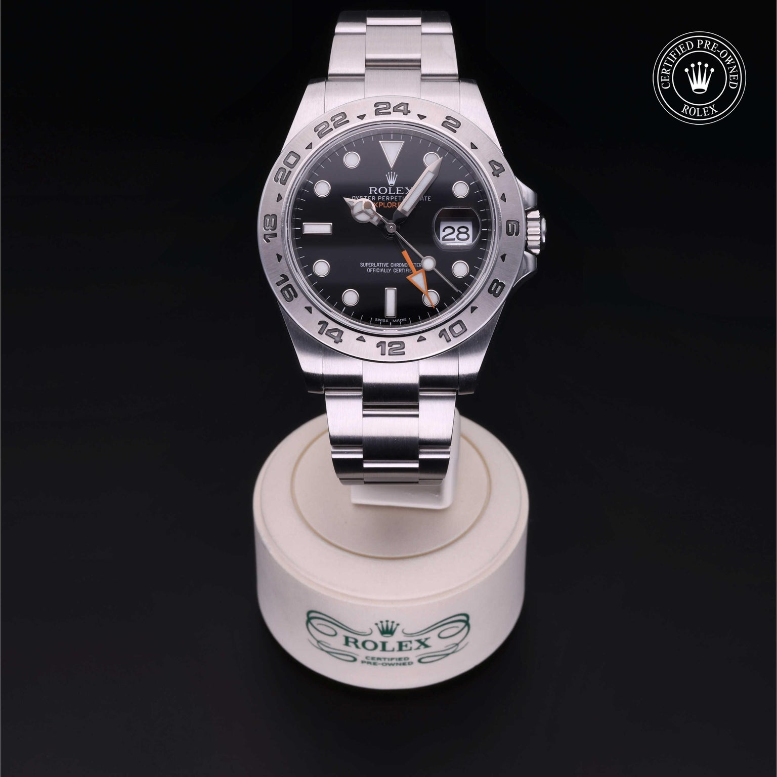 Rolex Certified Pre-owned Explorer M216570-0002 front on black background