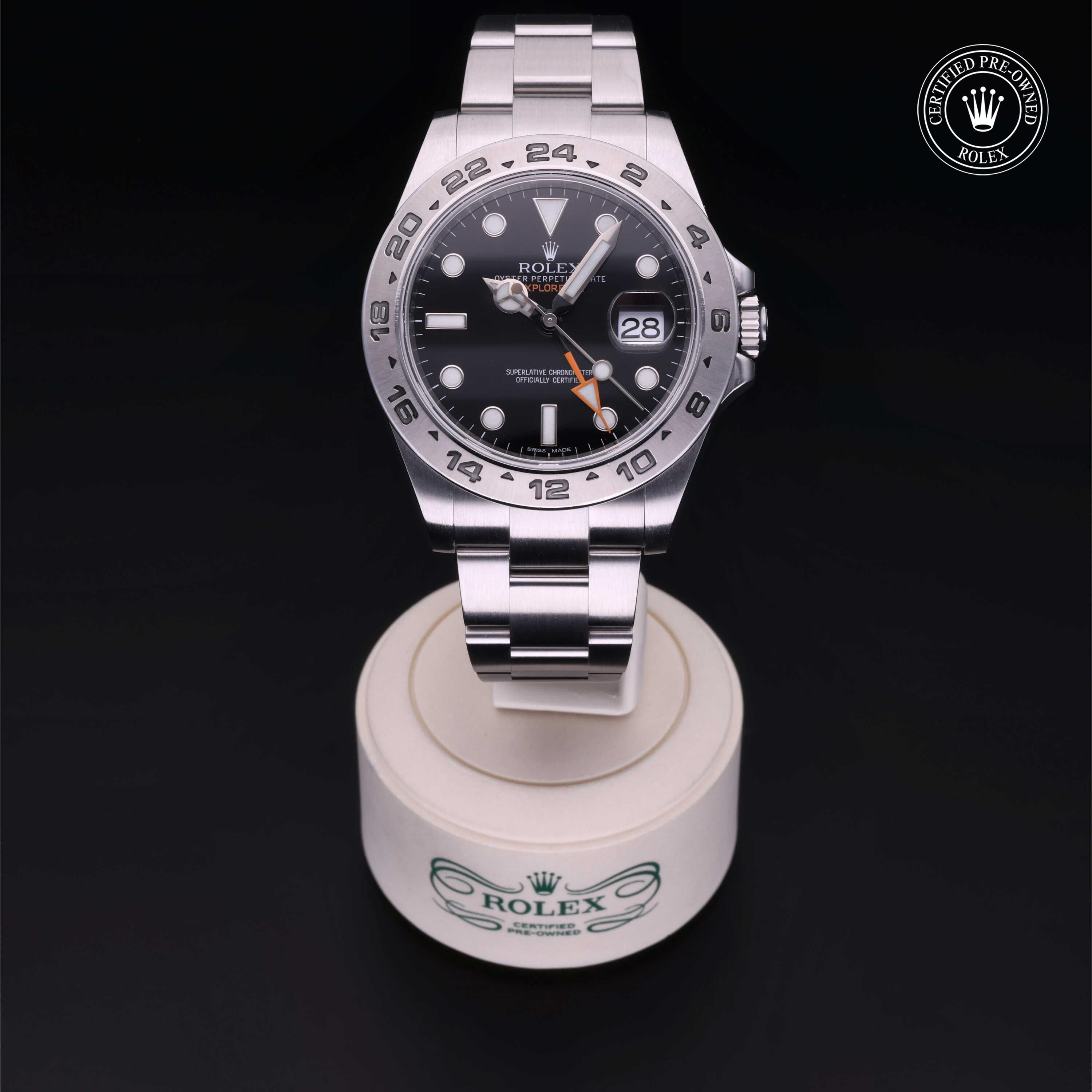 Rolex Certified Pre-owned Explorer M216570-0002 front on black background