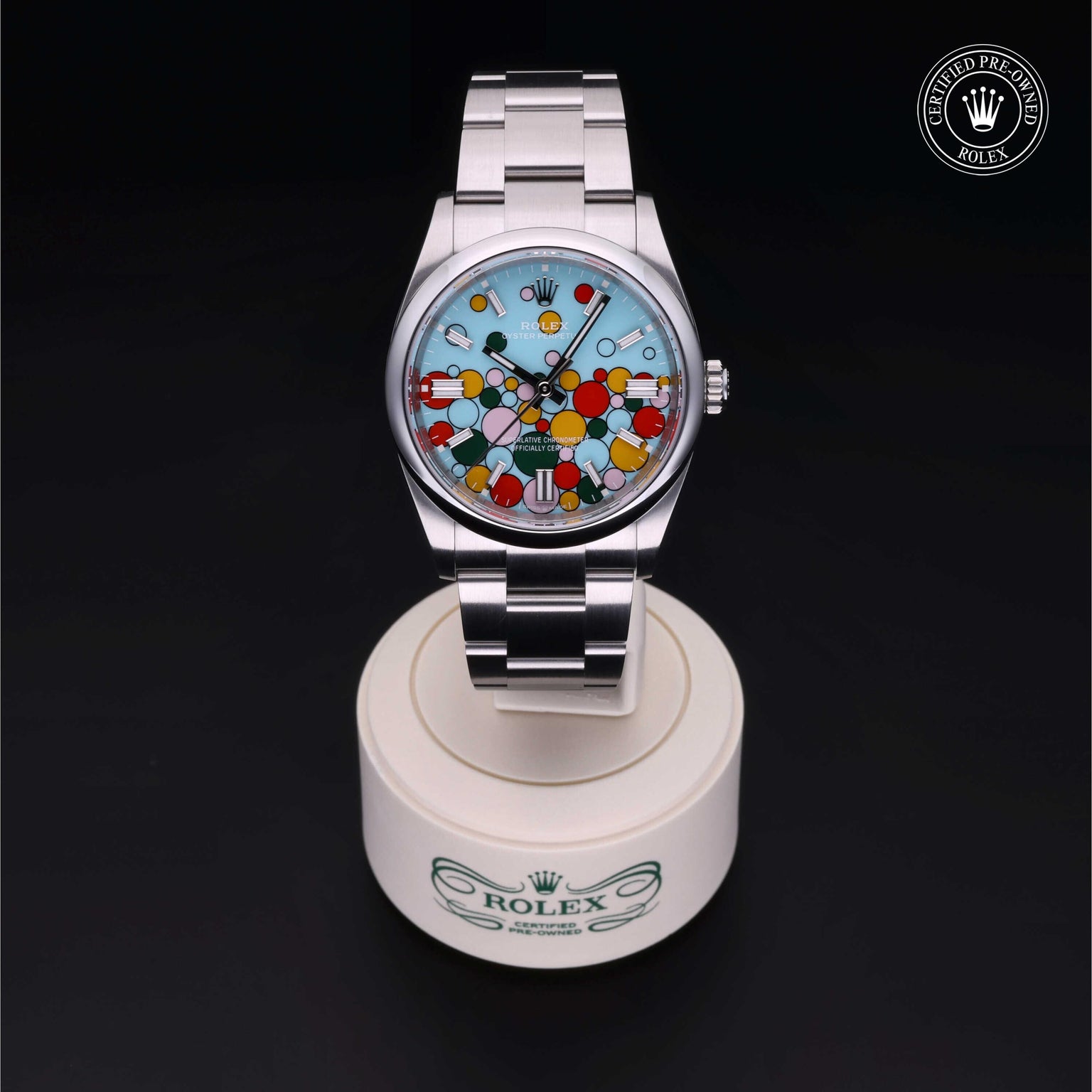 Rolex Certified Pre-owned Oyster Perpetual M126000-0009 front on black background