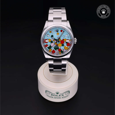 Rolex Certified Pre-owned Oyster Perpetual M126000-0009 front on black background