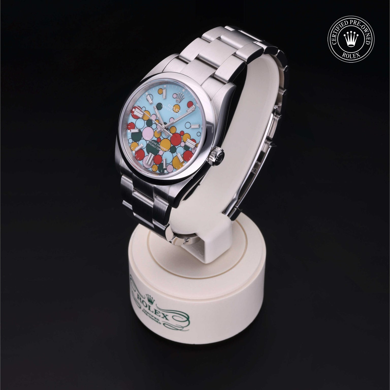 Rolex Certified Pre-owned Oyster Perpetual M126000-0009 front on black background